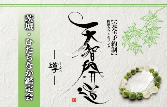 明るいオフホワイトの手漉き和紙を背景に、中央に大きく「天智開道」と力強い筆文字を配した鑑定会告知画像。筆文字の左隣には「――導しるべ――」と細い文字で添えられ、右側には「【完全予約制】開運カウンセリング」という縦書きの文字が並ぶ。左側には若草色のグラデーションがかかった垂直の帯があり、その上に「茨城・ひたちなか鑑定会」と白い影付きの文字が凛と配置されている。右上の余白には緑色の線画で青もみじが描かれ、右下には水晶と黄緑色の天然石を組み合わせたブレスレットが置かれている。全体として、新緑のような清々しさと、未来を切り拓く意志が感じられる和のデザイン。