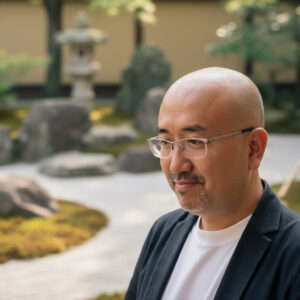 日本庭園を背景に、穏やかな表情で遠くを見つめる石屋蓮の店主・蓮水雲州。黒のジャケットを羽織り、信頼感と品格を感じさせるポートレート。