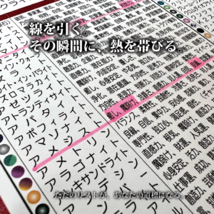 鑑定リストのクローズアップ。「アメジスト」の項目に、店主がピンク色のマーカーで力強く一線を引いている。その瞬間に紙が熱を帯びたかのようなエネルギーを感じさせる。