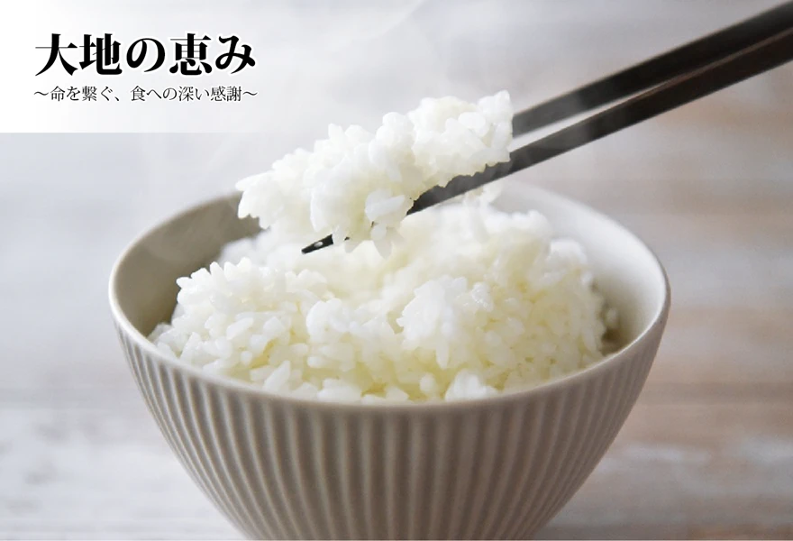 湯気がふんわりと立ち上る、お茶碗に盛られた炊き立ての白いご飯。箸でひと口分の白米を持ち上げている、命の躍動と温かみを感じる写真。左上には黒い文字で「大地の恵み 〜命を繋ぐ、食への深い感謝〜」というタイトルが添えられています。