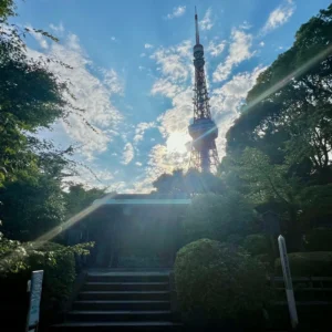 徳川将軍家墓所にある重厚で細やかな彫金の施された鋳抜門。その厳かな門の背後に、真っ赤に塗装された東京タワーがそびえ立っている。雲の隙間からはすべてを祝福するような力強い陽光が差し込み、歴史の静寂と近代の息吹が重なる瞬間。
