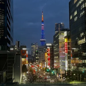 夜の帳が降りた街の中に、東京タワーが鮮やかなライトアップで浮かび上がり、周囲のビル群の灯りと対照的な美しさを放っている。街の灯りが湿った路面に長く尾を引くように反射し、静寂の中に人々や車の熱気が溶け合う、東京の夜の生きている風景。