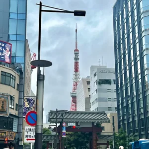 都会のビル群に囲まれ、東京タワーが赤く聳え立っています。手前には芝大門の屋根が歴史の重みを感じさせ、現代の喧騒と古の静けさが交差する風景です。