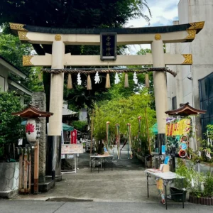 八王子・子安神社の大きな石造りの鳥居。鳥居の奥へと続く参道沿いには、色とりどりの短冊が結ばれた七夕の笹竹が何本も立ち並び、緑豊かな境内に涼やかな彩りを添えている。曇り空の下、神社の日常の風景が広がる。