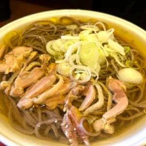 蕎麦の硬い質感と、親鶏の肉の弾力が伝わってくる近接写真。冷たいスープの清涼感と、鶏の出汁が溶け出した旨味が視覚からも溢れる一枚。