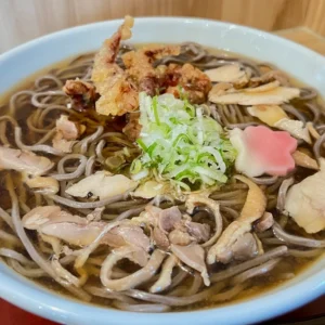 「冷たい肉そば」の巨大な丼に寄ったクローズアップ画像。特盛ならではの蕎麦のボリューム感と、手前には冷たいつゆに浸かり始めた「げそ天」の衣の断面が見える。衣は出汁を含んでしっとりとしつつも、サクサクとした食感を残しており、その下のゲソは弾力がありそう。親鶏の肉の繊維感や、ネギのシャキシャキとした質感も鮮明で、涼やかな出汁の香りが立ち上ってくるような一枚。