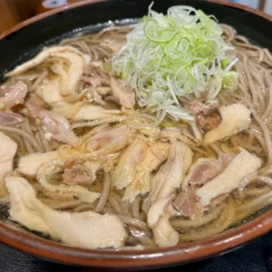 山形の食文化を深く味わい尽くす食べ歩き10店舗目となった、器いっぱいに盛られた冷たい肉そば。歯ごたえのある冷たい蕎麦の上に、旨味の凝縮された親鶏のスライス肉と、中央にこんもりと盛られた瑞々しい刻みネギが美しく映える一杯。