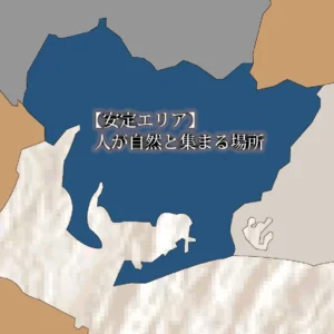 日本地図全体図から、関東甲信越地方を中心とした東日本エリアを拡大したスライド。該当エリアが青く塗られています。中央には白い文字で「【安定エリア】 人が自然と集まる場所」というテキストが重ねられており、この地域にしっかりと根付き、多くの人々が訪れる確かな足跡と現状が表現されています。